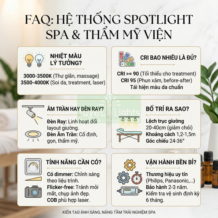 Infographic hướng dẫn chọn đèn spotlight cho spa và thẩm mỹ viện với các tiêu chí nhiệt màu, CRI, bố trí và tính năng