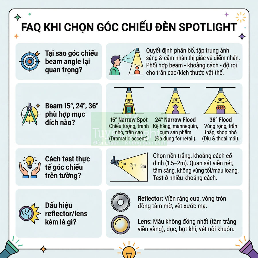Infographic hướng dẫn chọn góc chiếu đèn spotlight với các beam angle 15 24 36 độ và cách test trên tường