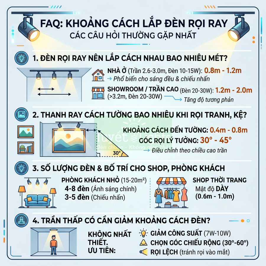 Hướng dẫn khoảng cách lắp đặt đèn rọi ray cho nhà ở, showroom, phòng khách và shop thời trang