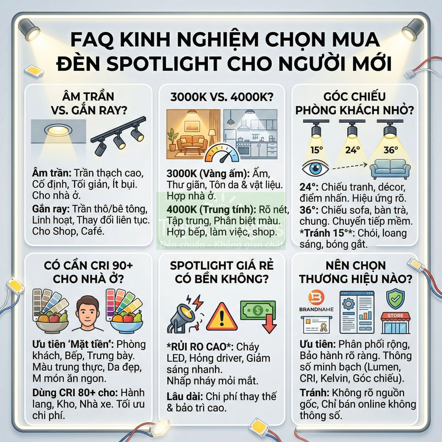 Infographic hướng dẫn chọn mua đèn spotlight âm trần và gắn ray cho nhà ở, so sánh nhiệt màu, góc chiếu và thương hiệu