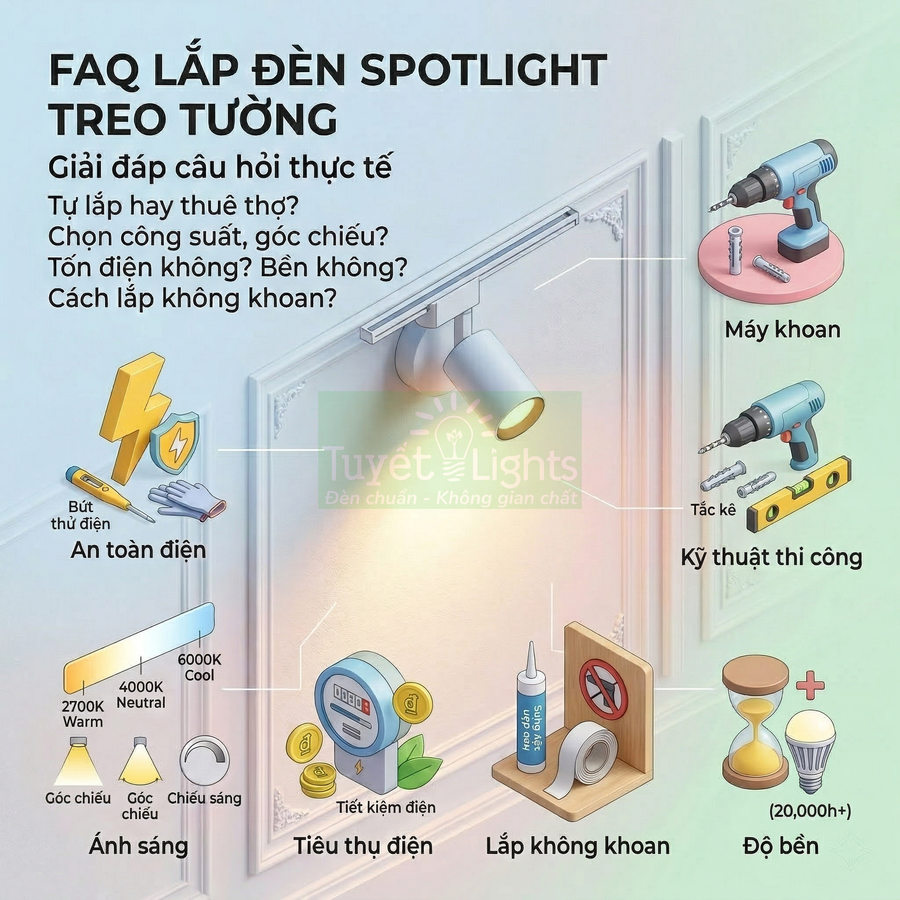Hướng dẫn lắp đèn spotlight treo tường Tuyết Lights với dụng cụ, an toàn điện và mẹo tiết kiệm điện