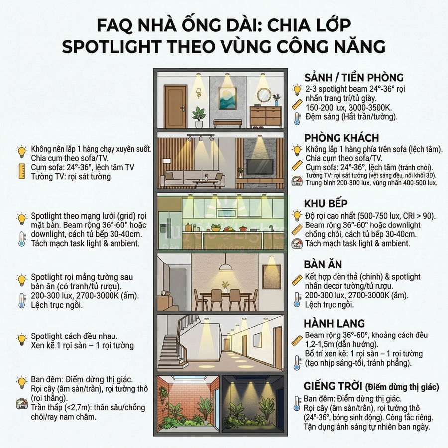 Infographic hướng dẫn bố trí đèn spotlight cho nhà ống dài theo từng khu vực chức năng