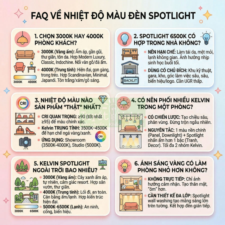 Infographic FAQ về nhiệt độ màu đèn spotlight, hướng dẫn chọn Kelvin phù hợp cho phòng khách, showroom và ngoài trời