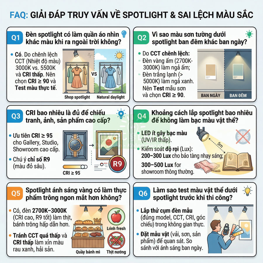 Infographic giải đáp câu hỏi về đèn spotlight, chỉ số CRI và cách tránh sai lệch màu sắc khi chiếu sản phẩm