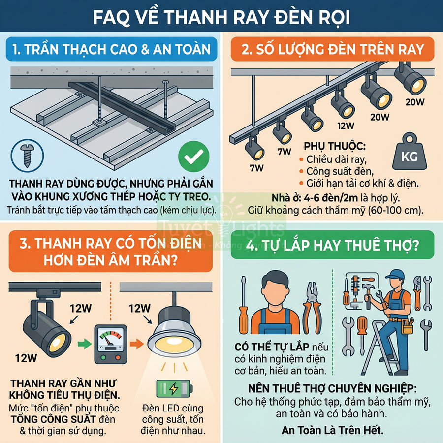 Infographic hướng dẫn lắp đặt và sử dụng thanh ray đèn rọi trần thạch cao, số lượng đèn, điện năng và thuê thợ