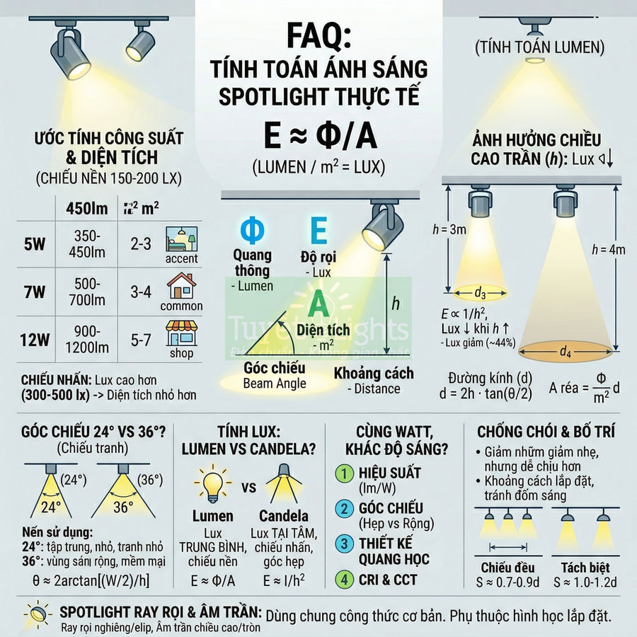 Hướng dẫn tính toán độ sáng đèn spotlight thực tế, so sánh công suất, góc chiếu và diện tích chiếu sáng