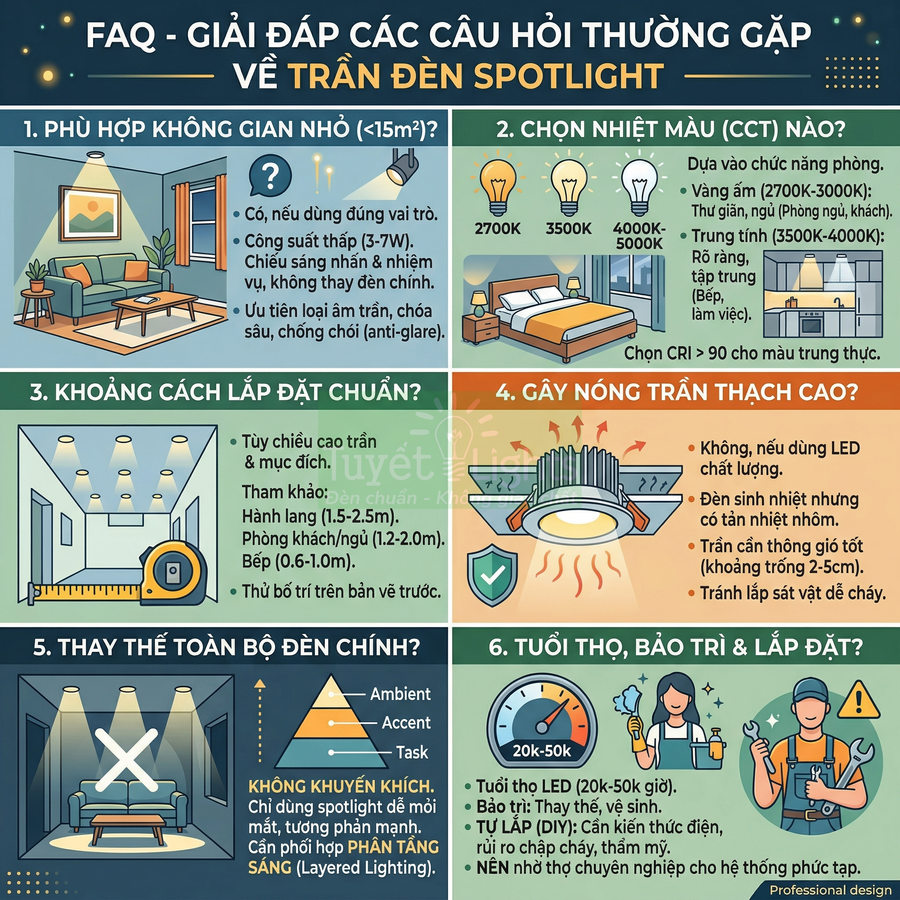 Infographic hướng dẫn chọn và lắp đặt trần đèn spotlight LED, khoảng cách, nhiệt màu và tuổi thọ sử dụng