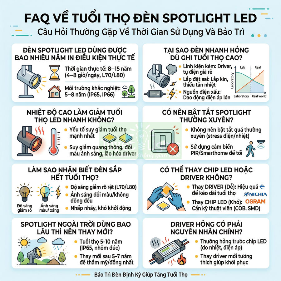 Infographic FAQ về tuổi thọ đèn spotlight LED, hướng dẫn sử dụng và bảo trì để kéo dài thời gian chiếu sáng