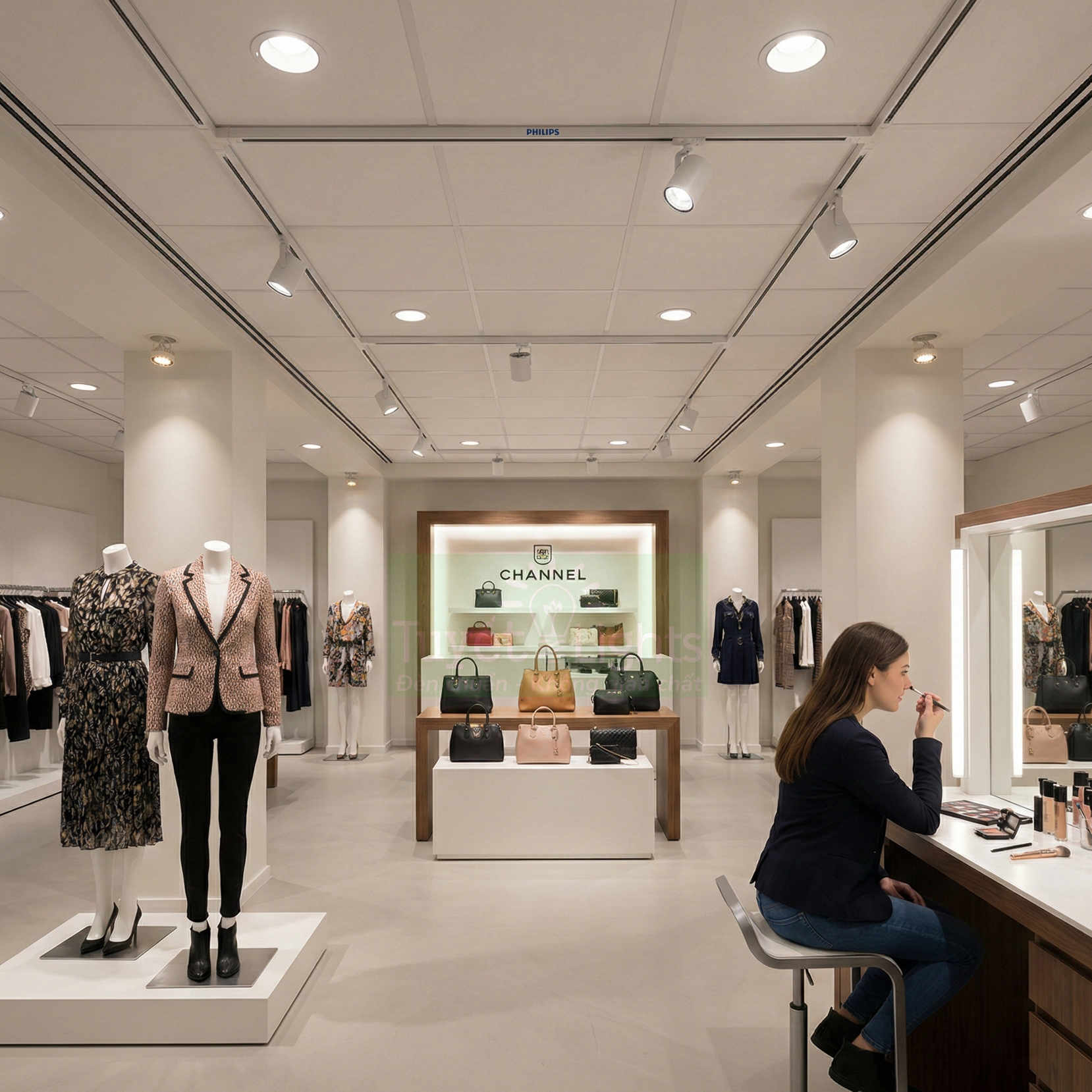 Cửa hàng thời trang trưng bày túi xách cao cấp và quần áo nữ, khách hàng thử trang điểm tại quầy makeup