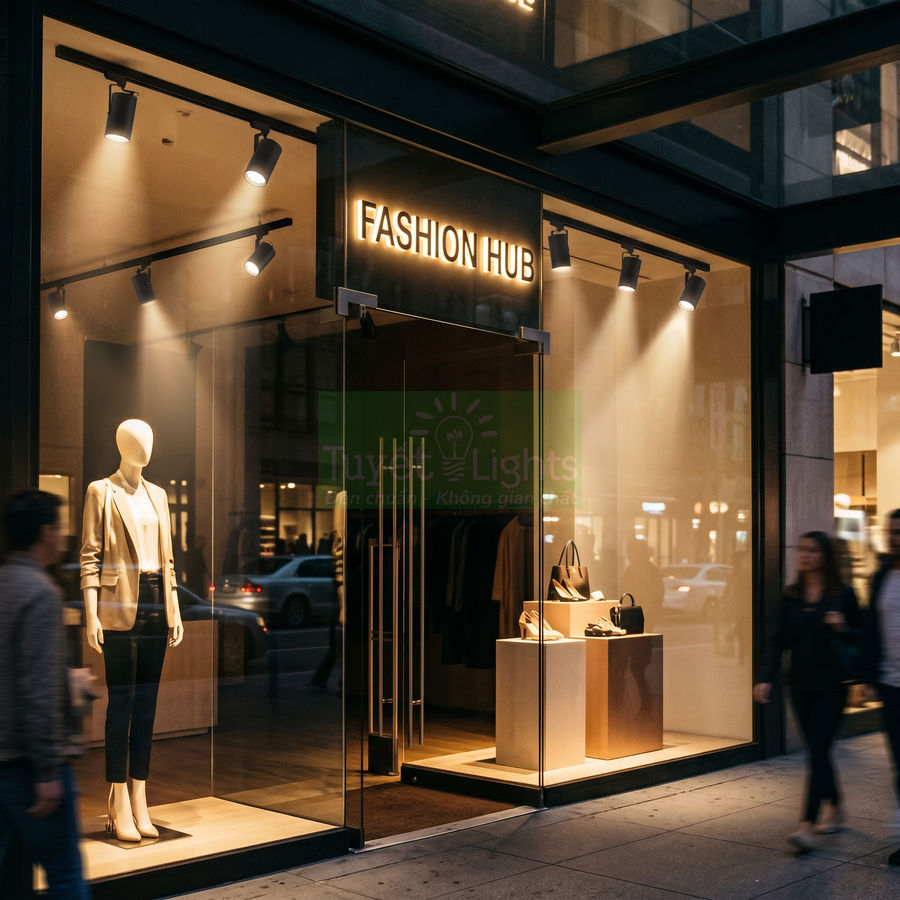 Cửa hàng thời trang Fashion Hub với ma nơ canh trưng bày quần áo và kệ túi xách giày dép dưới ánh đèn rọi
