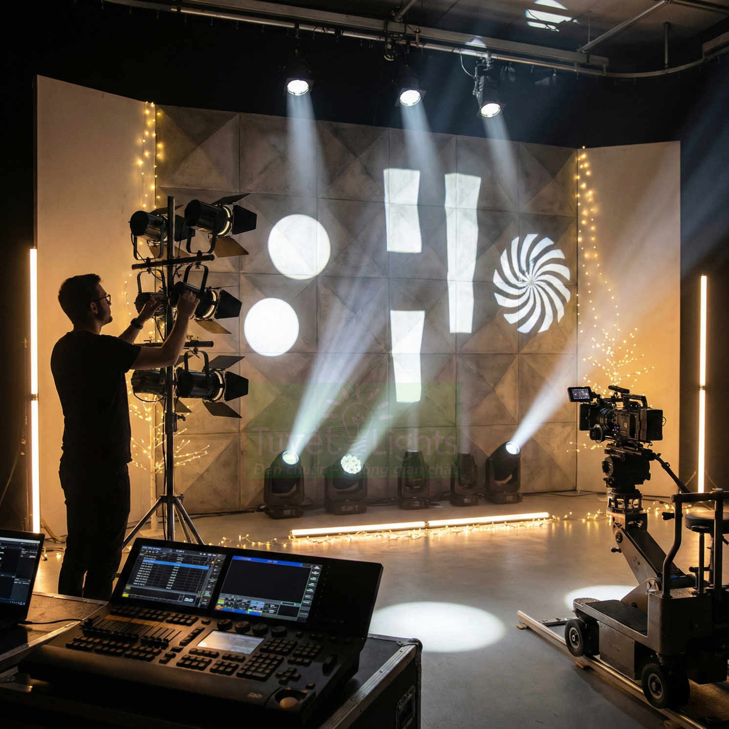Hệ thống đèn sân khấu chuyên nghiệp với bàn điều khiển ánh sáng và máy quay phim trong studio quay dựng cảnh