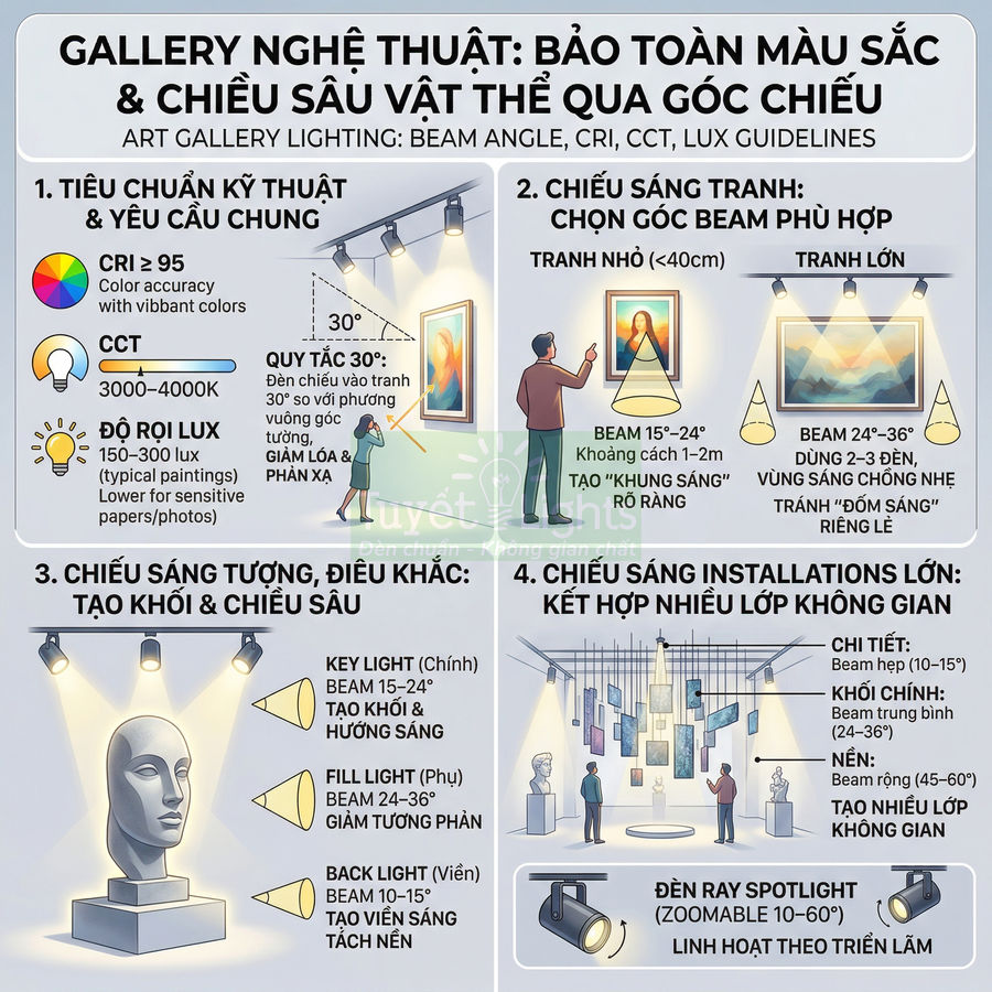 Hướng dẫn chiếu sáng gallery nghệ thuật với đèn ray spotlight để bảo toàn màu sắc và chiều sâu tác phẩm