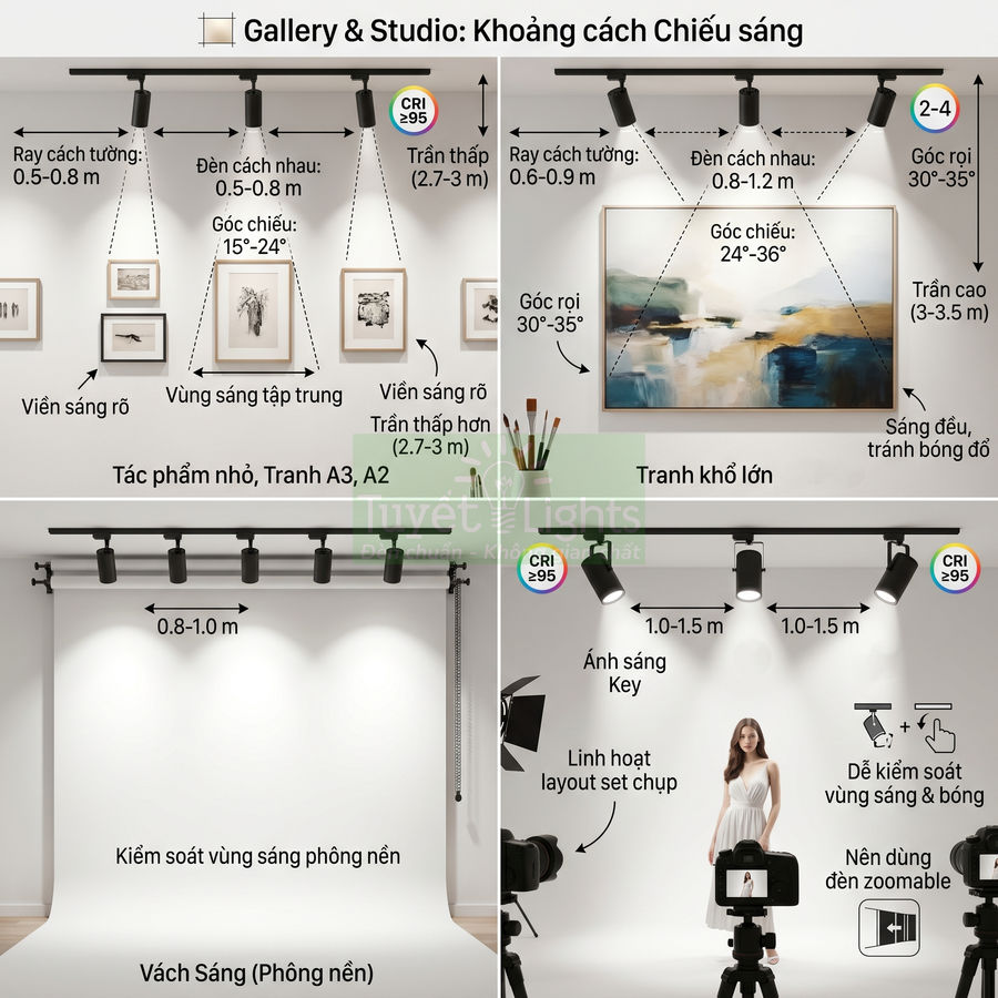 Đèn rọi ray CRI 95 chiếu sáng gallery tranh treo tường và phông nền studio chụp ảnh
