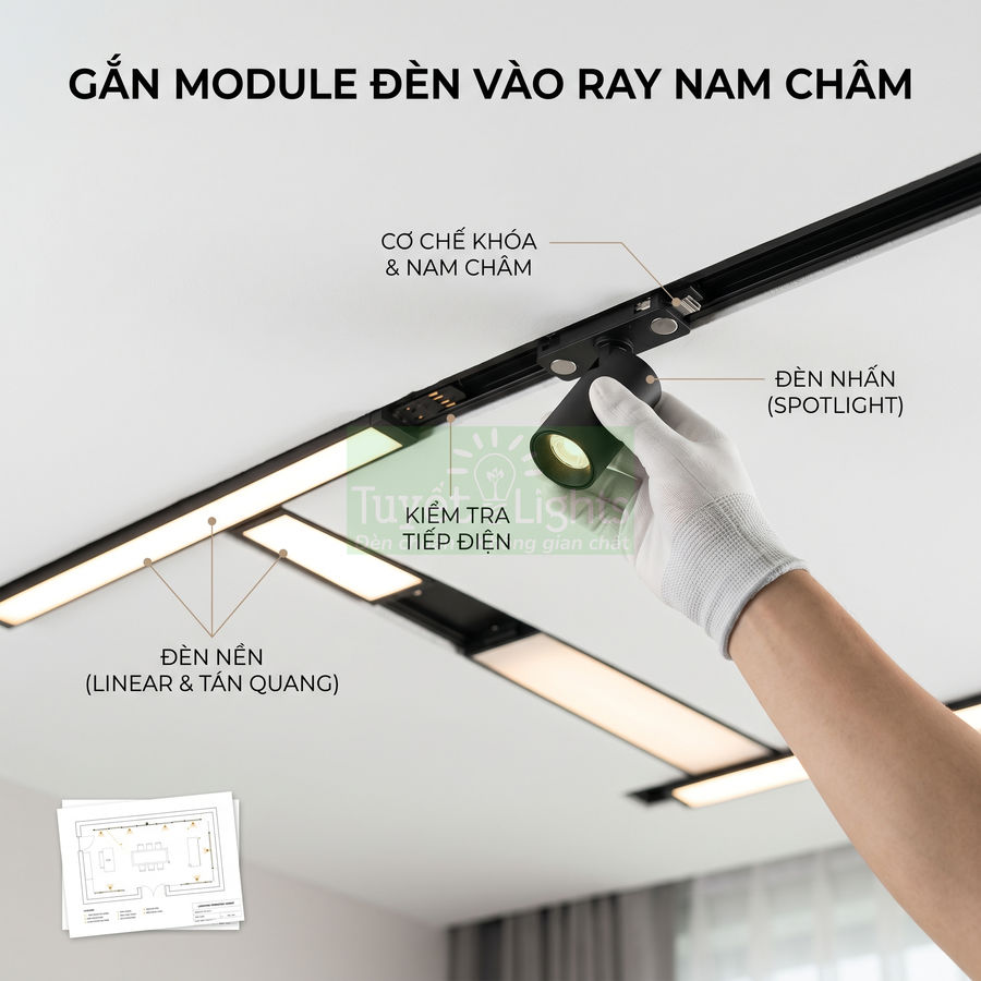 Lắp module đèn spotlight vào ray nam châm trên trần, kết hợp đèn nền linear âm trần hiện đại