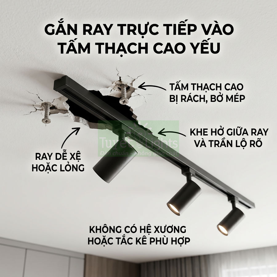 Đèn ray chiếu sáng gắn trực tiếp lên trần thạch cao bị nứt vỡ và lộ vít lỏng