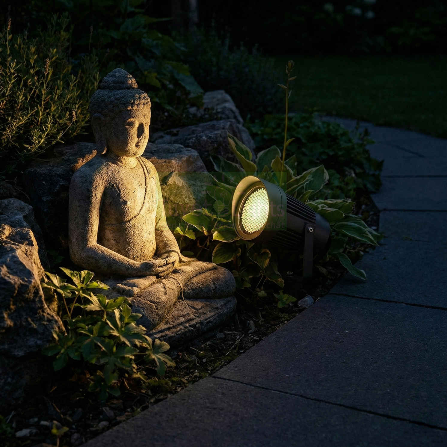 Đèn chiếu sân vườn rọi sáng tượng Phật đá cạnh lối đi ngoài trời buổi tối