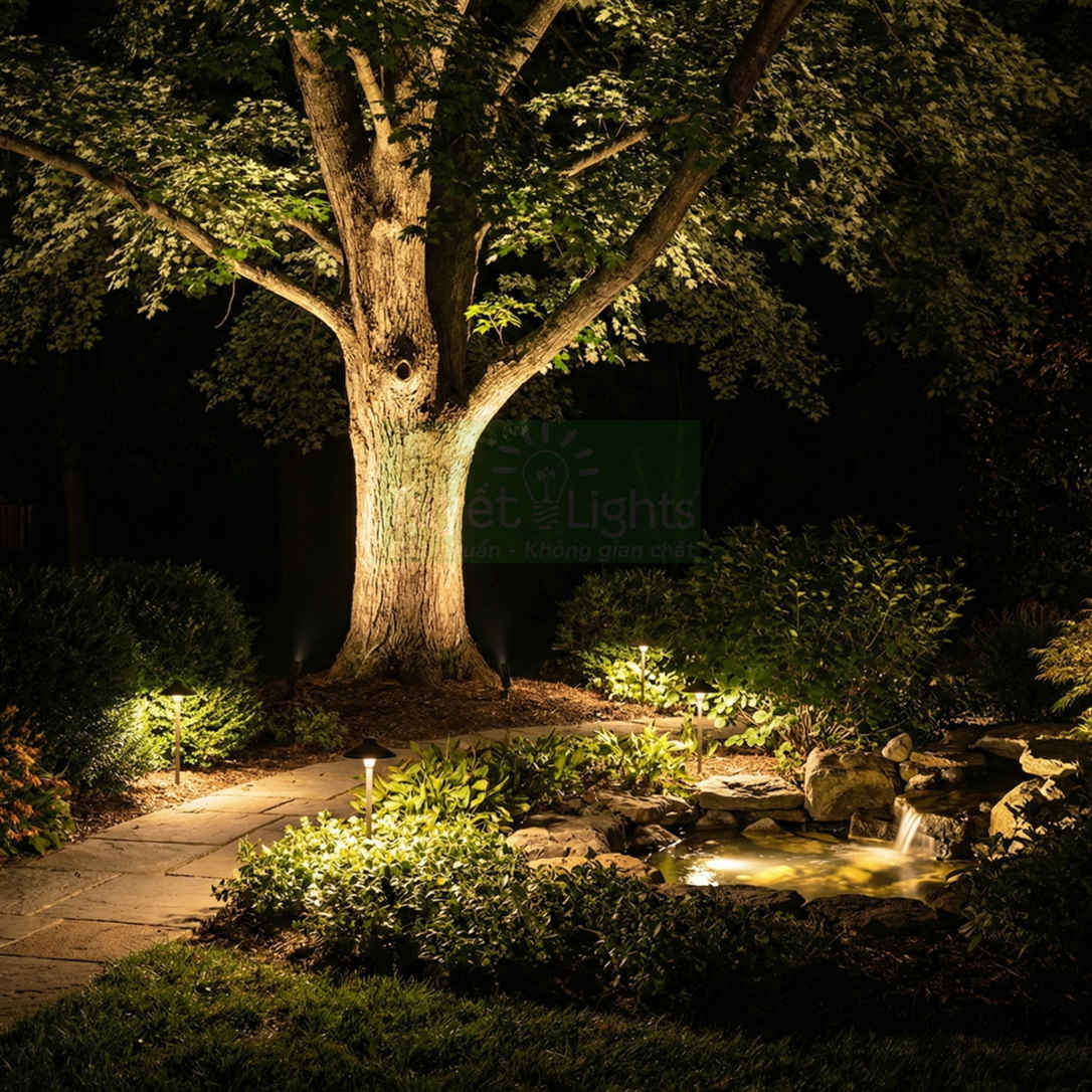 Đèn sân vườn chiếu sáng gốc cây lớn và lối đi đá cạnh hồ nước ban đêm