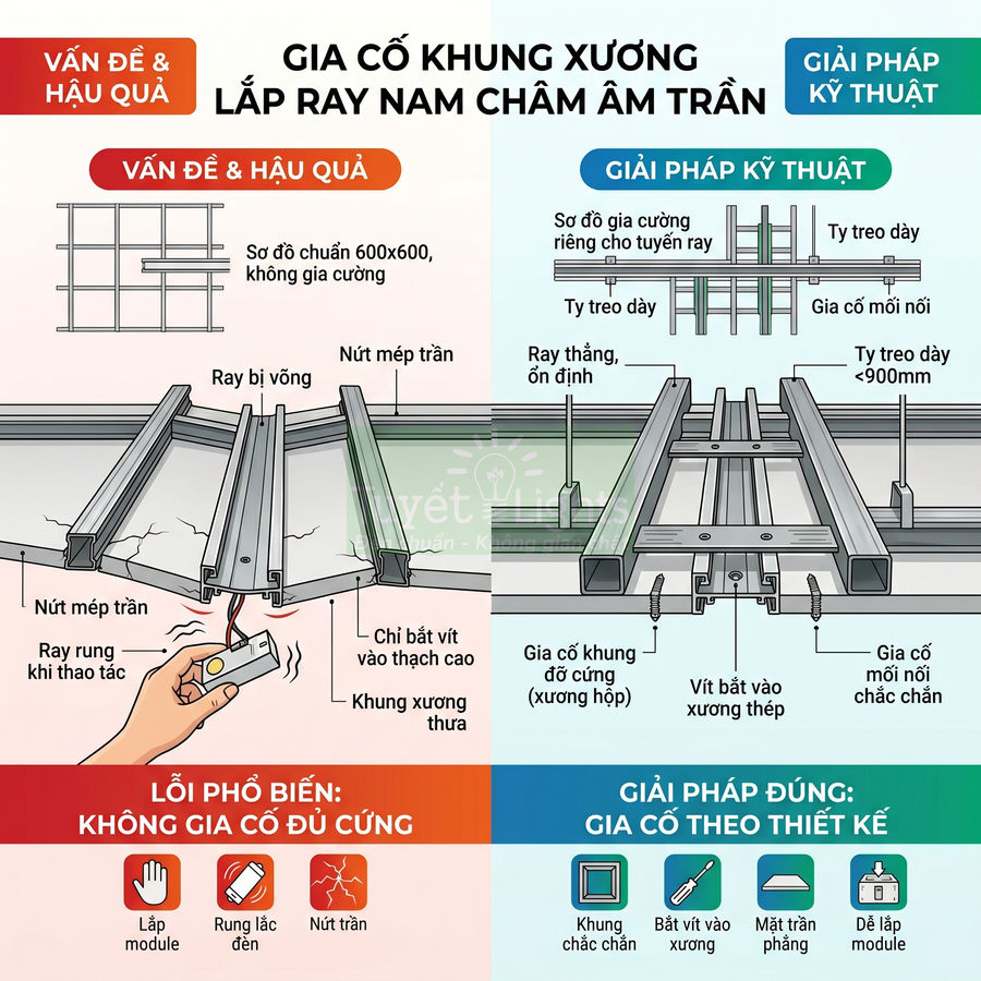 Sơ đồ gia cố khung xương và lắp ray nam châm âm trần, so sánh lỗi phổ biến và giải pháp kỹ thuật đúng
