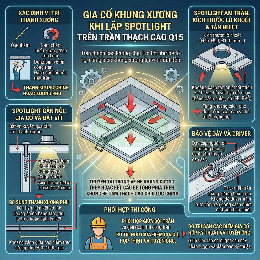Hướng dẫn gia cố khung xương khi lắp đèn spotlight âm trần trên trần thạch cao Q15 bằng hình minh họa chi tiết