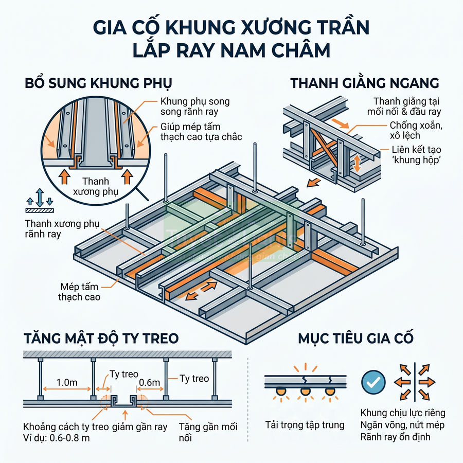 Sơ đồ gia cố khung xương trần thạch cao để lắp ray nam châm và tăng mật độ ty treo