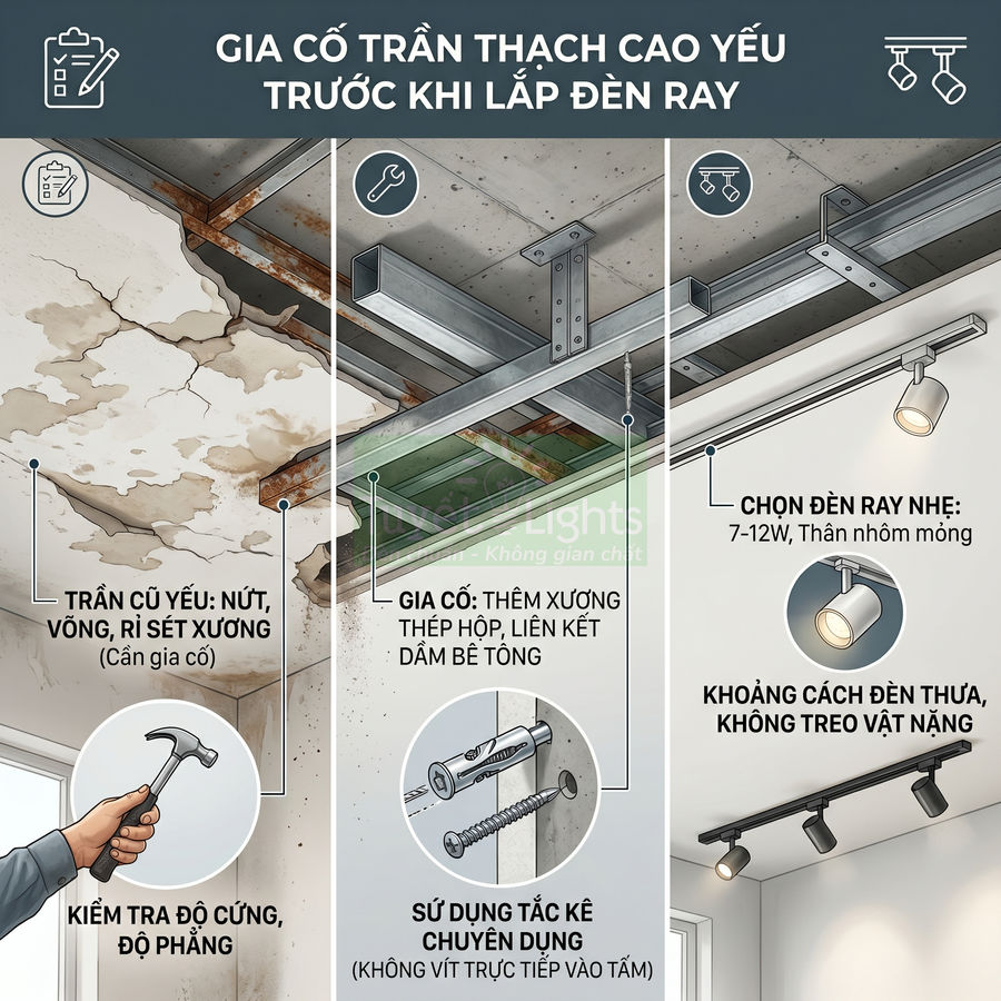 Hướng dẫn gia cố trần thạch cao yếu và lắp đặt đèn ray chiếu sáng nhẹ an toàn trong nhà