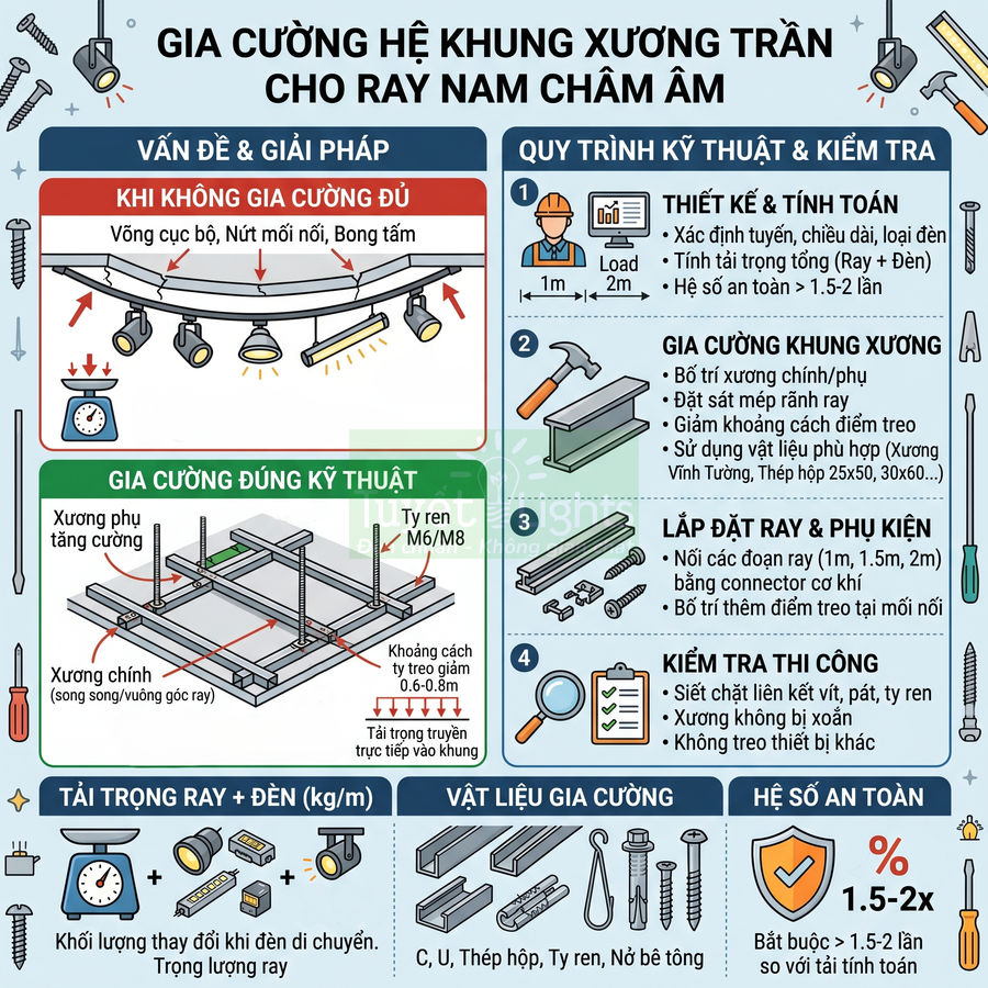 Hướng dẫn gia cường khung xương trần cho ray đèn nam châm âm trần với quy trình kỹ thuật và vật liệu chi tiết