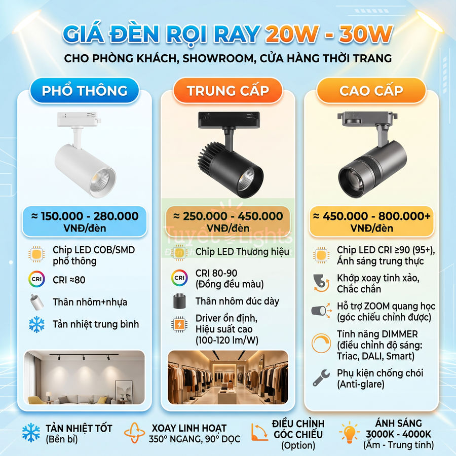 Bảng giá và so sánh các loại đèn rọi ray LED 20W 30W cho phòng khách showroom cửa hàng thời trang