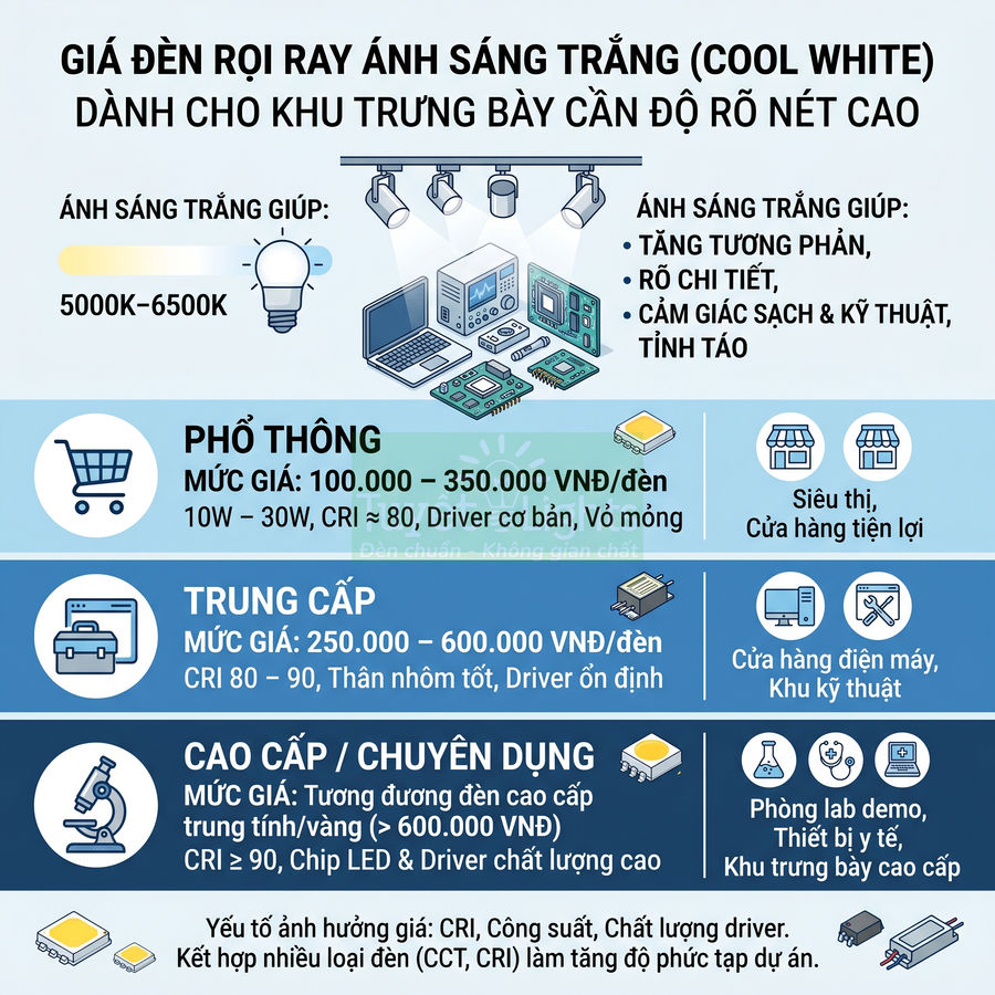 Bảng giá đèn rọi ray ánh sáng trắng cool white cho khu trưng bày với các phân khúc phổ thông trung cấp cao cấp