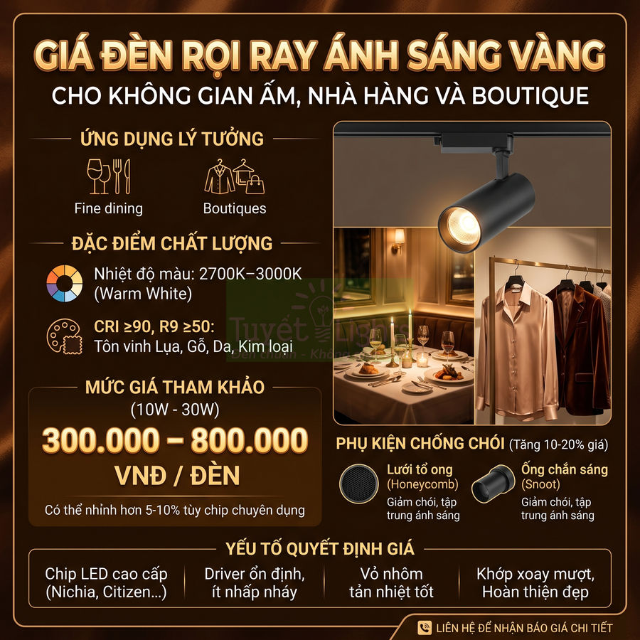 Đèn rọi ray LED ánh sáng vàng chiếu bàn ăn và quần áo trưng bày trong không gian nhà hàng, boutique