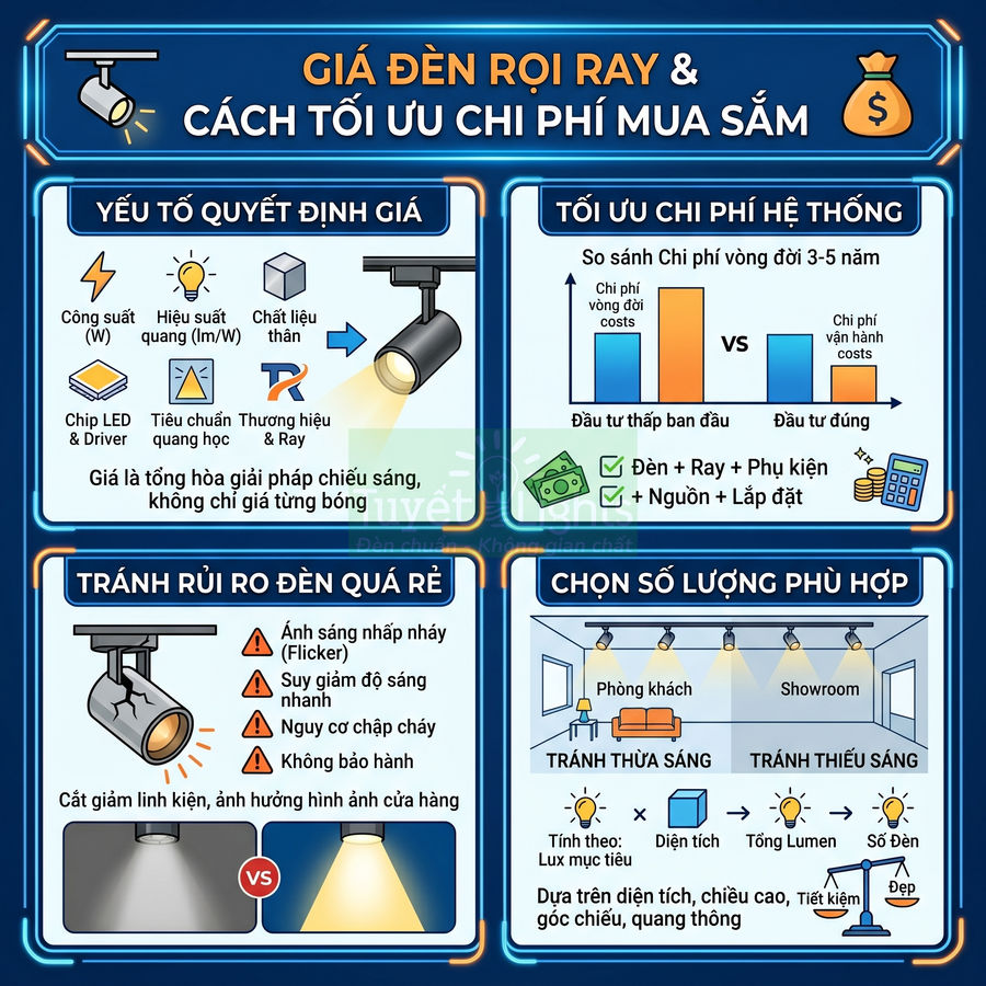 Infographic hướng dẫn tối ưu chi phí mua sắm đèn rọi ray LED cho phòng khách và showroom