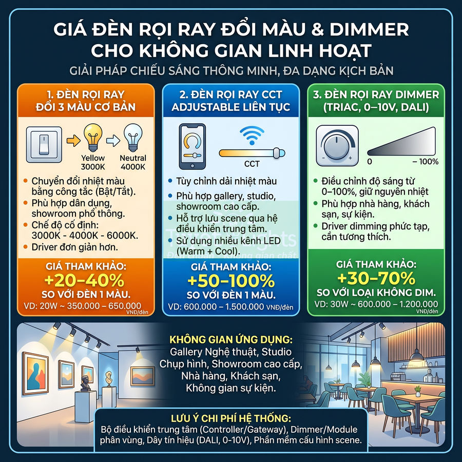 Infographic giới thiệu các loại đèn rọi ray đổi màu và dimmer cho không gian linh hoạt, gallery, studio, nhà hàng