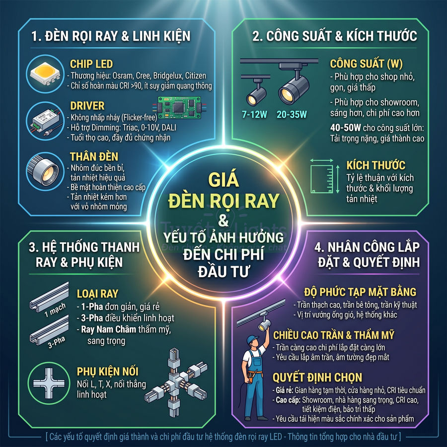 Infographic giới thiệu giá đèn rọi ray LED và các yếu tố ảnh hưởng đến chi phí đầu tư hệ thống chiếu sáng