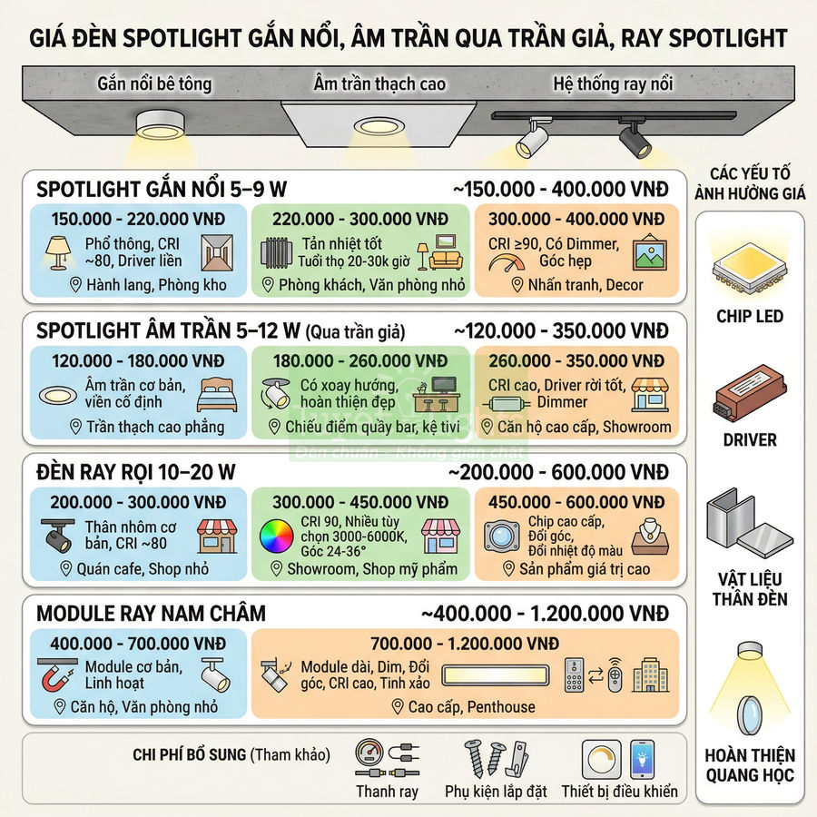 Bảng giá các loại đèn spotlight gắn nổi, âm trần, ray nam châm và đèn ray rọi kèm công suất, ứng dụng