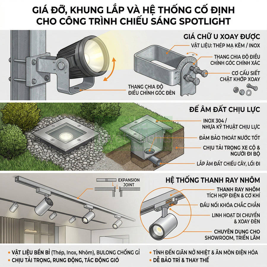 Giá đỡ, khung lắp và hệ thống cố định đèn spotlight âm đất và thanh ray nhôm cho công trình chiếu sáng