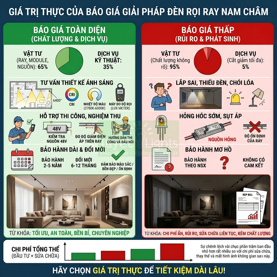 Infographic so sánh báo giá giải pháp đèn rọi ray nam châm toàn diện và giá rẻ nhiều rủi ro