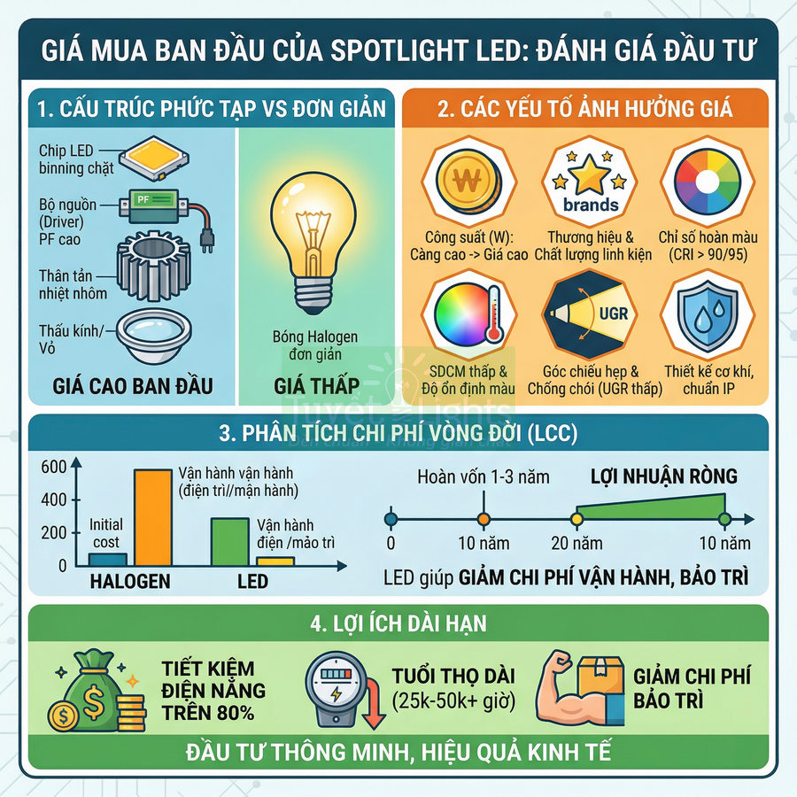 Infographic so sánh chi phí và lợi ích đầu tư đèn spotlight LED với bóng halogen truyền thống