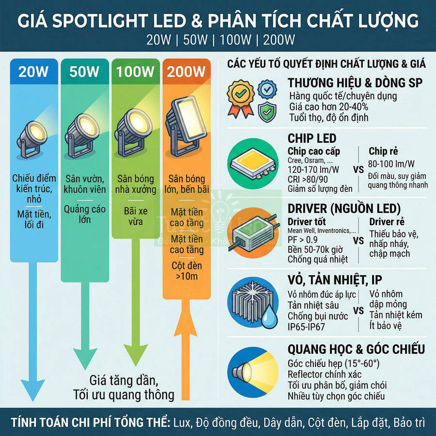 Bảng so sánh giá và chất lượng đèn spotlight LED 20W 50W 100W 200W và các yếu tố cấu thành