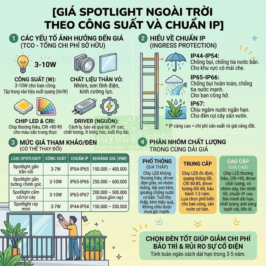 Infographic giá đèn spotlight ngoài trời theo công suất và chuẩn IP, hướng dẫn chọn đèn LED tiết kiệm chi phí