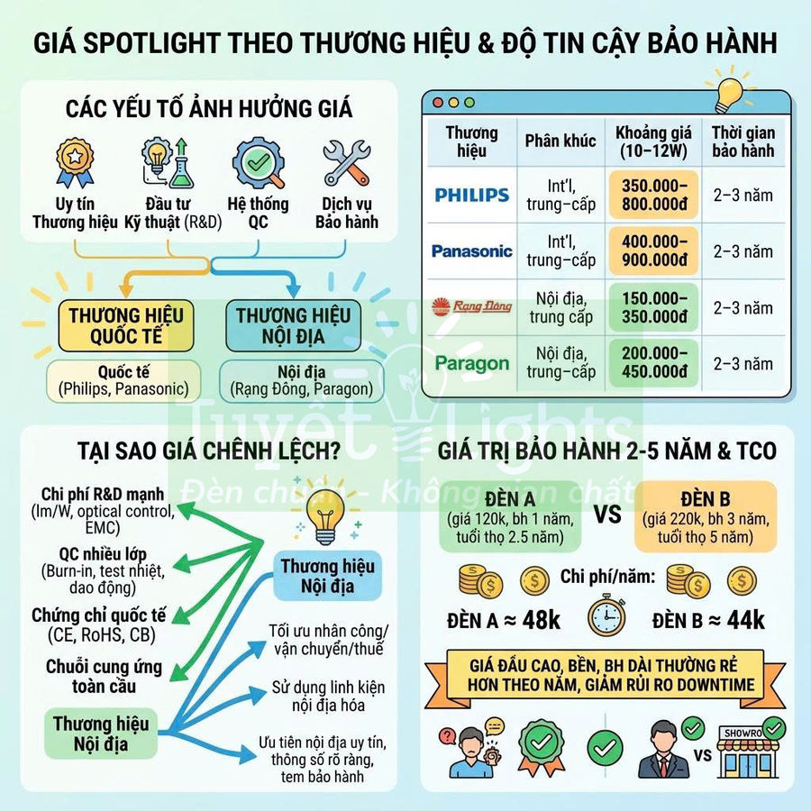 Infographic so sánh giá và bảo hành đèn spotlight Philips, Panasonic, Rạng Đông, Paragon theo thương hiệu và độ tin cậy