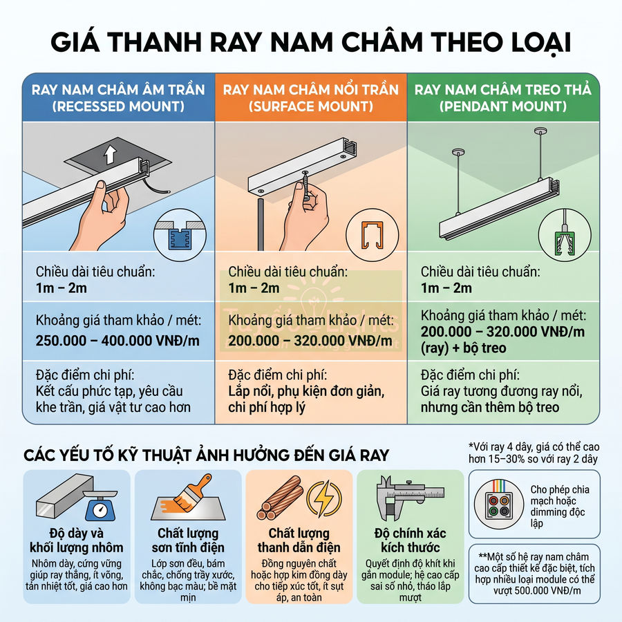 Bảng so sánh giá thanh ray nam châm âm trần, nổi trần và treo thả cùng các yếu tố kỹ thuật ảnh hưởng giá