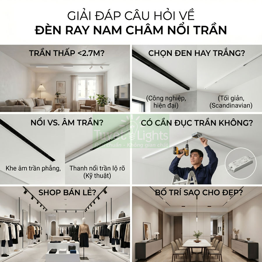 Đèn ray nam châm nổi trần lắp đặt cho phòng khách, cửa hàng thời trang và phòng ăn hiện đại