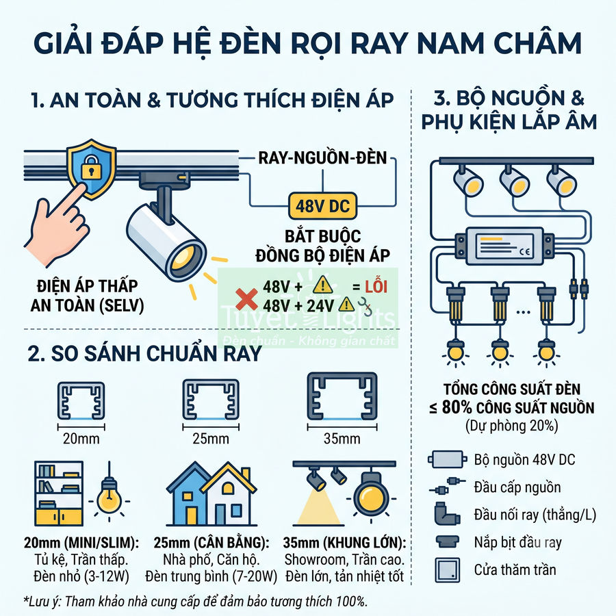 Hướng dẫn chọn hệ đèn rọi ray nam châm 48V DC, so sánh kích thước ray và bộ nguồn phụ kiện lắp âm