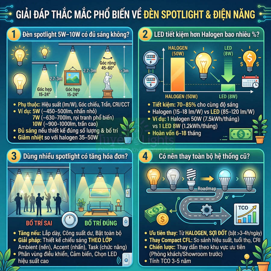 Infographic so sánh đèn spotlight LED và halogen về độ sáng, tiết kiệm điện, cách bố trí và lộ trình thay thế hệ thống chiếu sáng
