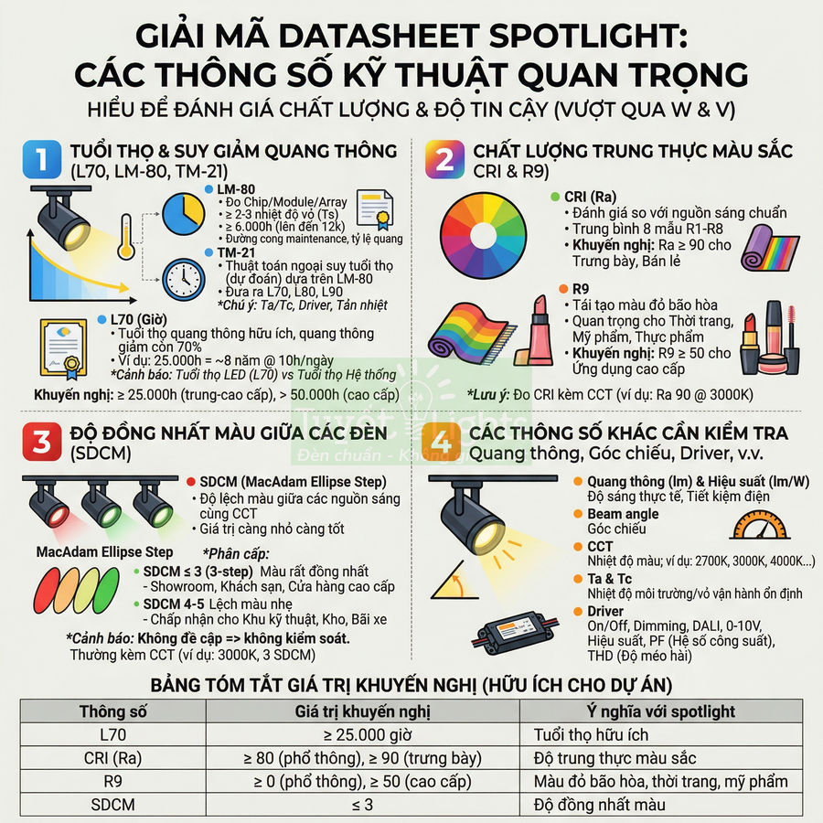 Infographic giải thích các thông số kỹ thuật quan trọng của đèn LED spotlight cho dự án chiếu sáng
