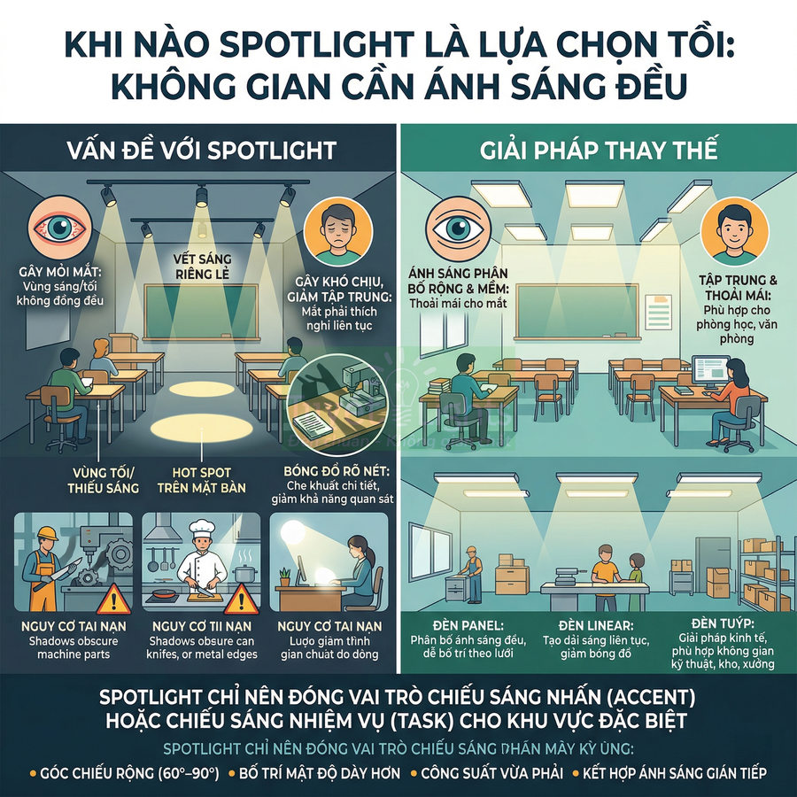So sánh spotlight và đèn panel, linear, tuýp cho chiếu sáng đều trong lớp học, văn phòng, nhà xưởng