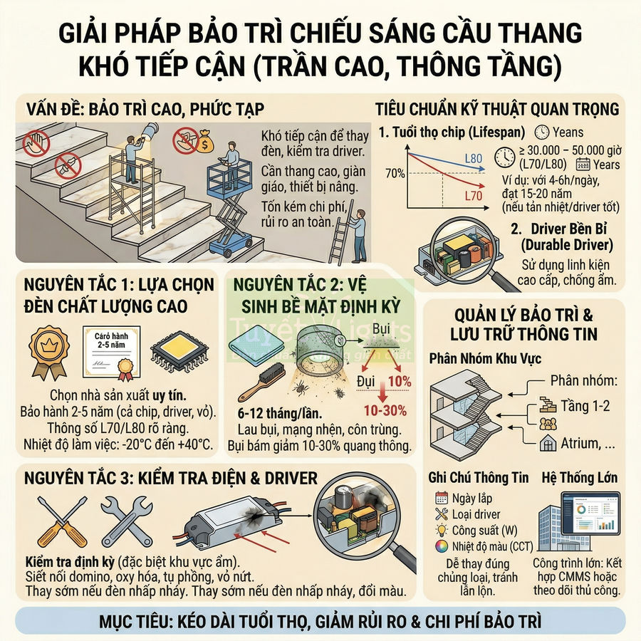 Infographic giải pháp bảo trì hệ thống đèn chiếu sáng cầu thang trần cao, tập trung chọn đèn chất lượng và kiểm tra driver