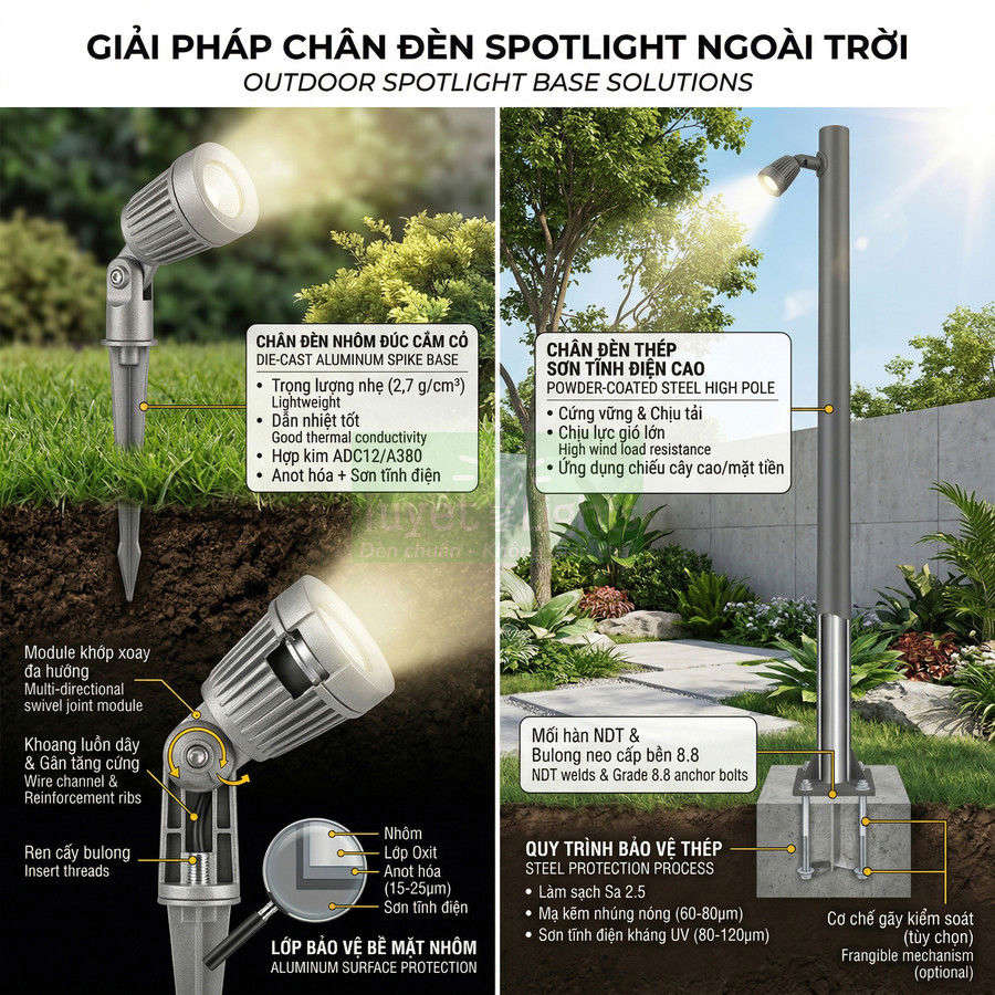 Giải pháp chân đèn spotlight ngoài trời bằng nhôm đúc cắm cỏ và cột thép sơn tĩnh điện chiếu sáng sân vườn