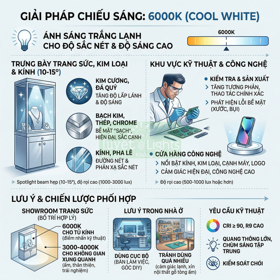 Giải pháp chiếu sáng 6000K cho tủ trưng bày trang sức, khu vực kỹ thuật và cửa hàng công nghệ