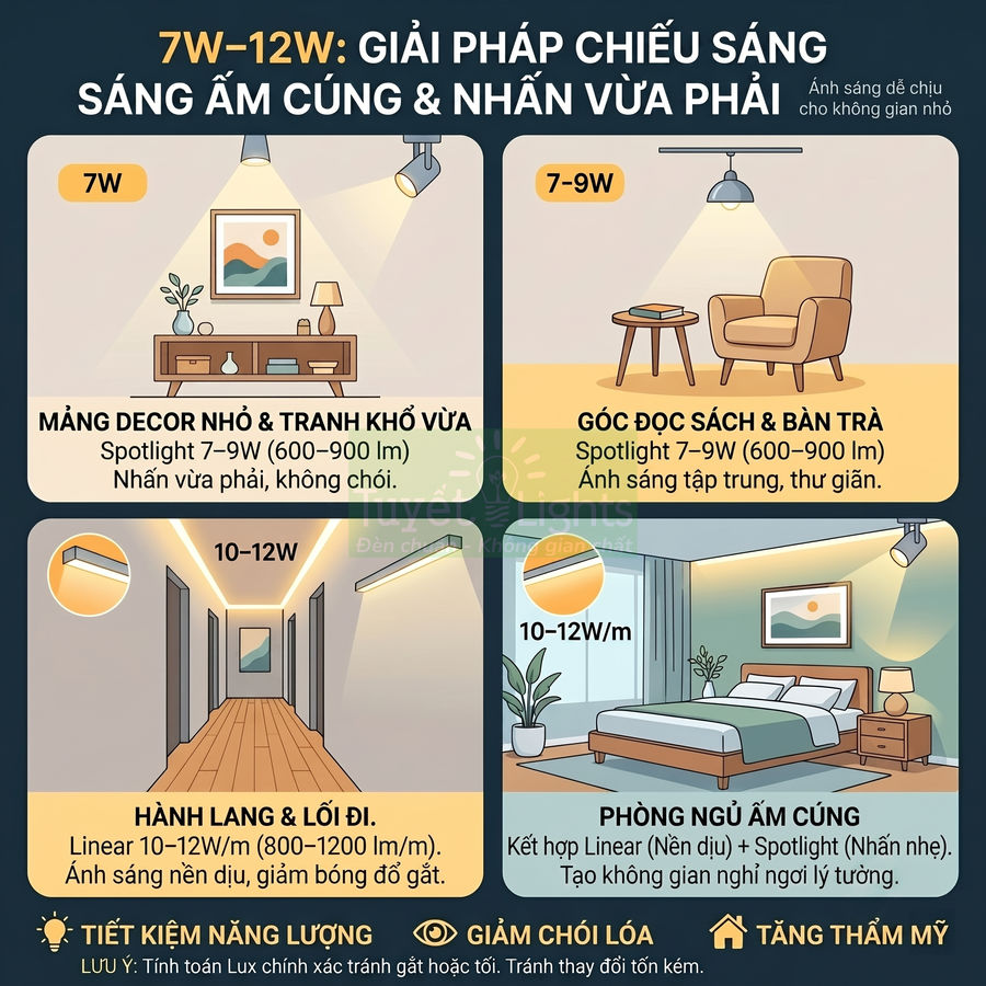 Infographic hướng dẫn chọn đèn LED 7W 12W cho phòng ngủ, hành lang, góc đọc sách và trang trí tranh ảnh
