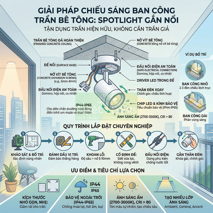 Đèn spotlight gắn nổi trần bê tông chiếu sáng ban công chung cư, hướng dẫn lắp đặt và ưu điểm sản phẩm